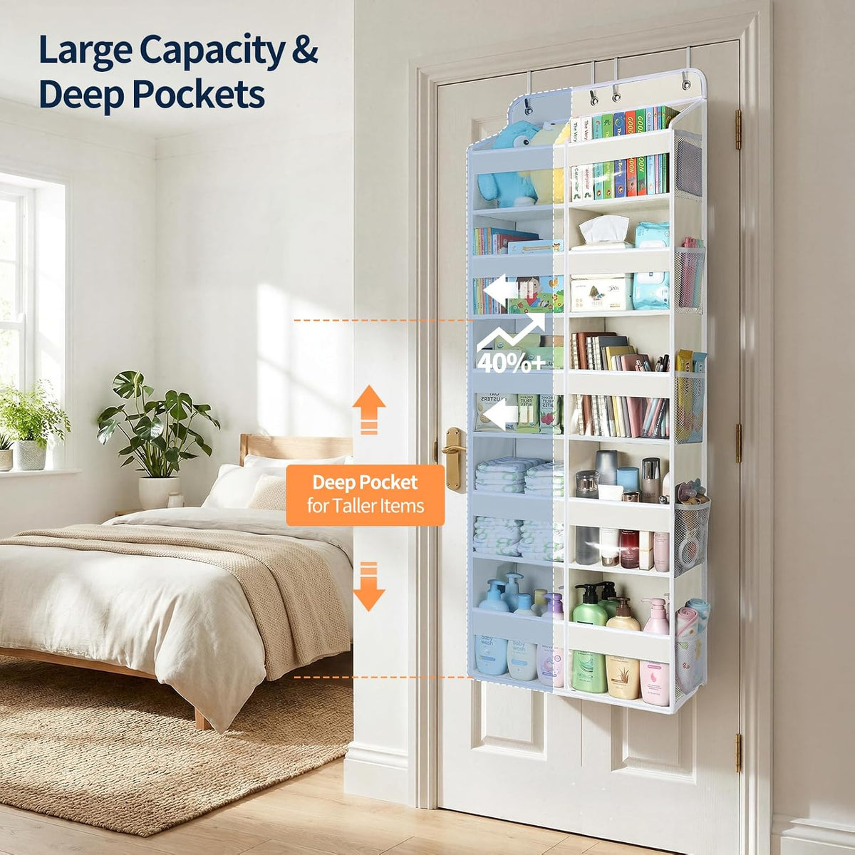 Over The Door Organizer, 6 Tier Extra Large Behind Door Storage of 12 Compartments, 80lbs Heavy Duty Door Organizer Hanging with Clear Window for Closet Bedroom Pantry Bathroom, Grey