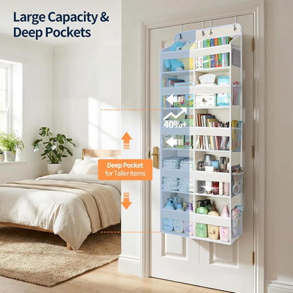 Over The Door Organizer, 6 Tier Extra Large Behind Door Storage of 12 Compartments, 80lbs Heavy Duty Door Organizer Hanging with Clear Window for Closet Bedroom Pantry Bathroom, Grey