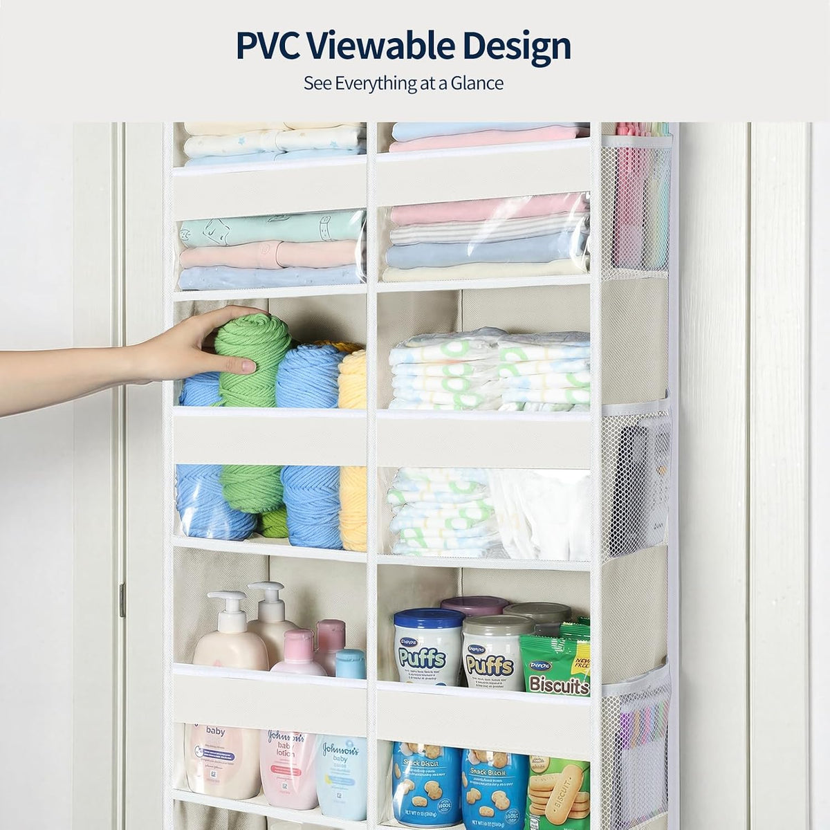 Over The Door Organizer, 6 Tier Extra Large Behind Door Storage of 12 Compartments, 80lbs Heavy Duty Door Organizer Hanging with Clear Window for Closet Bedroom Pantry Bathroom, Grey