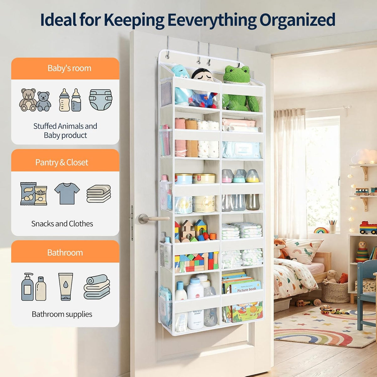 Over The Door Organizer, 6 Tier Extra Large Behind Door Storage of 12 Compartments, 80lbs Heavy Duty Door Organizer Hanging with Clear Window for Closet Bedroom Pantry Bathroom, Grey