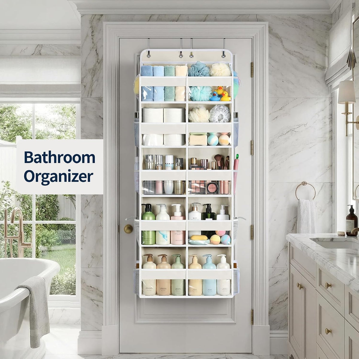 Over The Door Organizer, 6 Tier Extra Large Behind Door Storage of 12 Compartments, 80lbs Heavy Duty Door Organizer Hanging with Clear Window for Closet Bedroom Pantry Bathroom, Grey