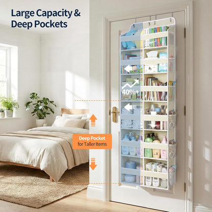 Over The Door Organizer, 6 Tier Extra Large Behind Door Storage of 12 Compartments, 80lbs Heavy Duty Door Organizer Hanging with Clear Window for Closet Bedroom Pantry Bathroom, Grey