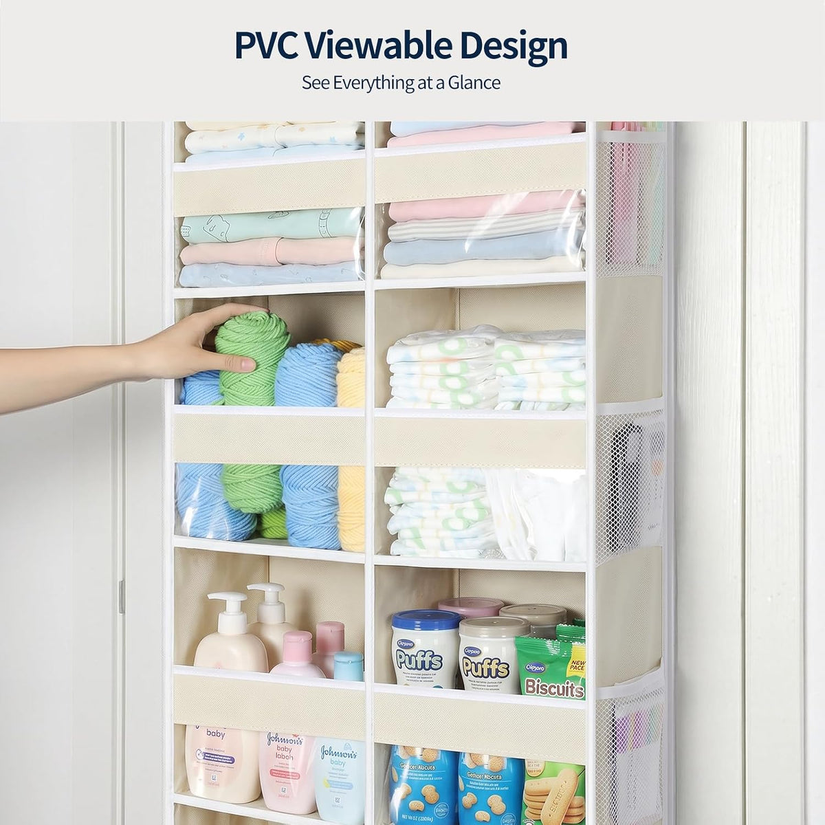 Over The Door Organizer, 6 Tier Extra Large Behind Door Storage of 12 Compartments, 80lbs Heavy Duty Door Organizer Hanging with Clear Window for Closet Bedroom Pantry Bathroom, Grey