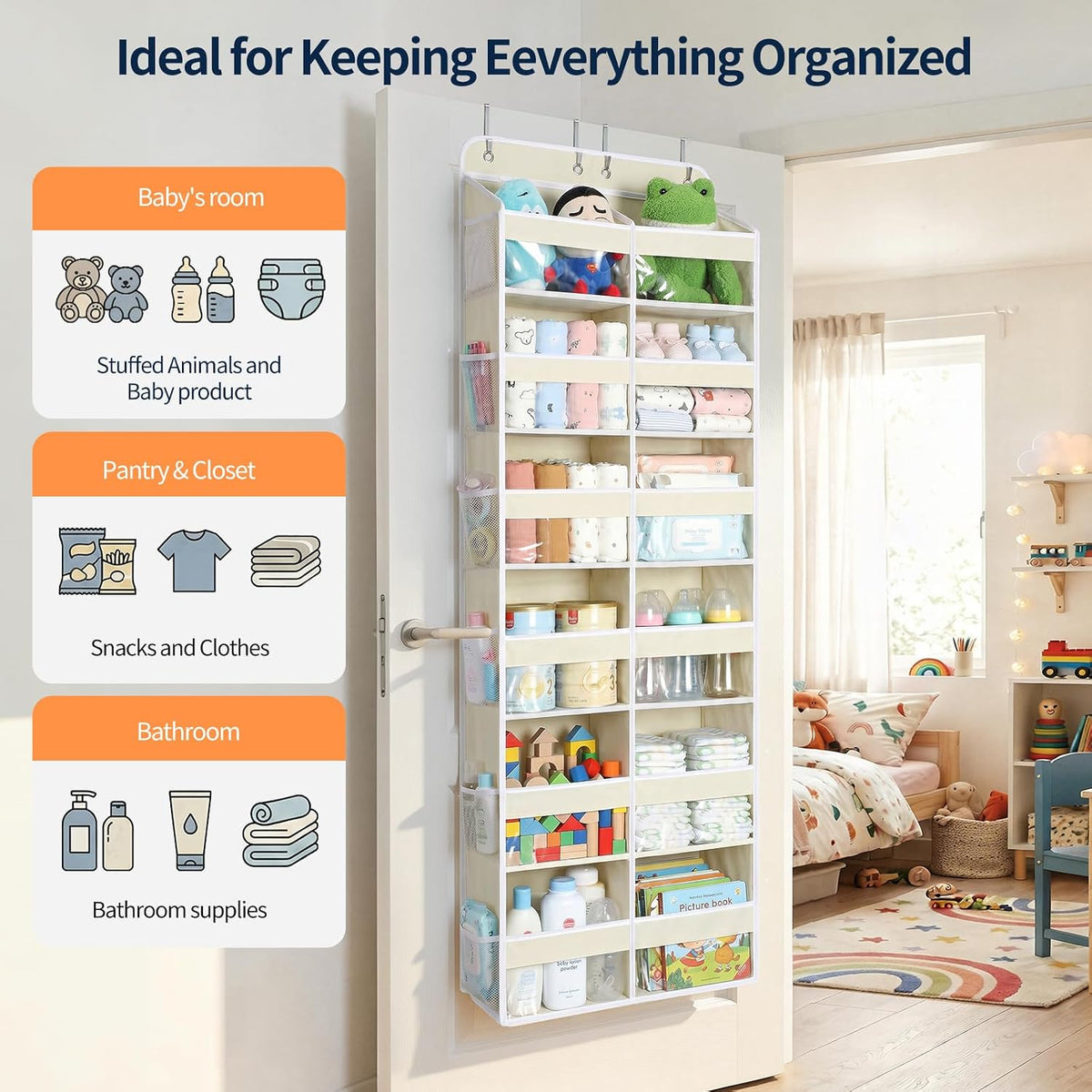 Over The Door Organizer, 6 Tier Extra Large Behind Door Storage of 12 Compartments, 80lbs Heavy Duty Door Organizer Hanging with Clear Window for Closet Bedroom Pantry Bathroom, Grey