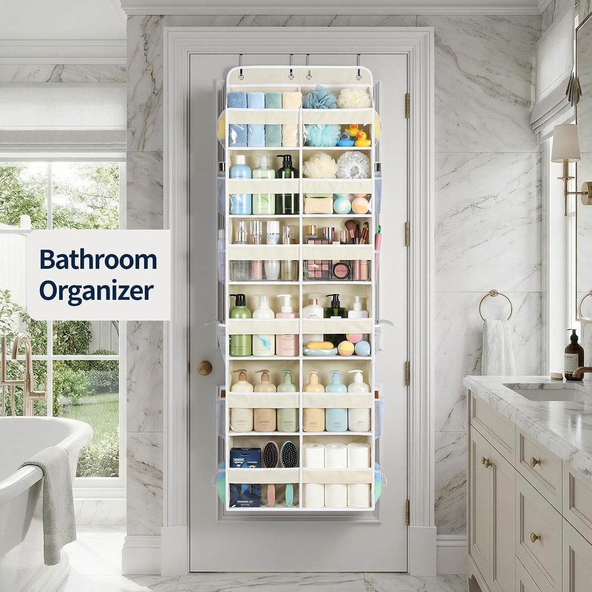 Over The Door Organizer, 6 Tier Extra Large Behind Door Storage of 12 Compartments, 80lbs Heavy Duty Door Organizer Hanging with Clear Window for Closet Bedroom Pantry Bathroom, Grey