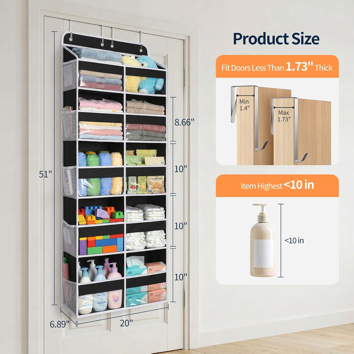 Over The Door Organizer, 6 Tier Extra Large Behind Door Storage of 12 Compartments, 80lbs Heavy Duty Door Organizer Hanging with Clear Window for Closet Bedroom Pantry Bathroom, Grey
