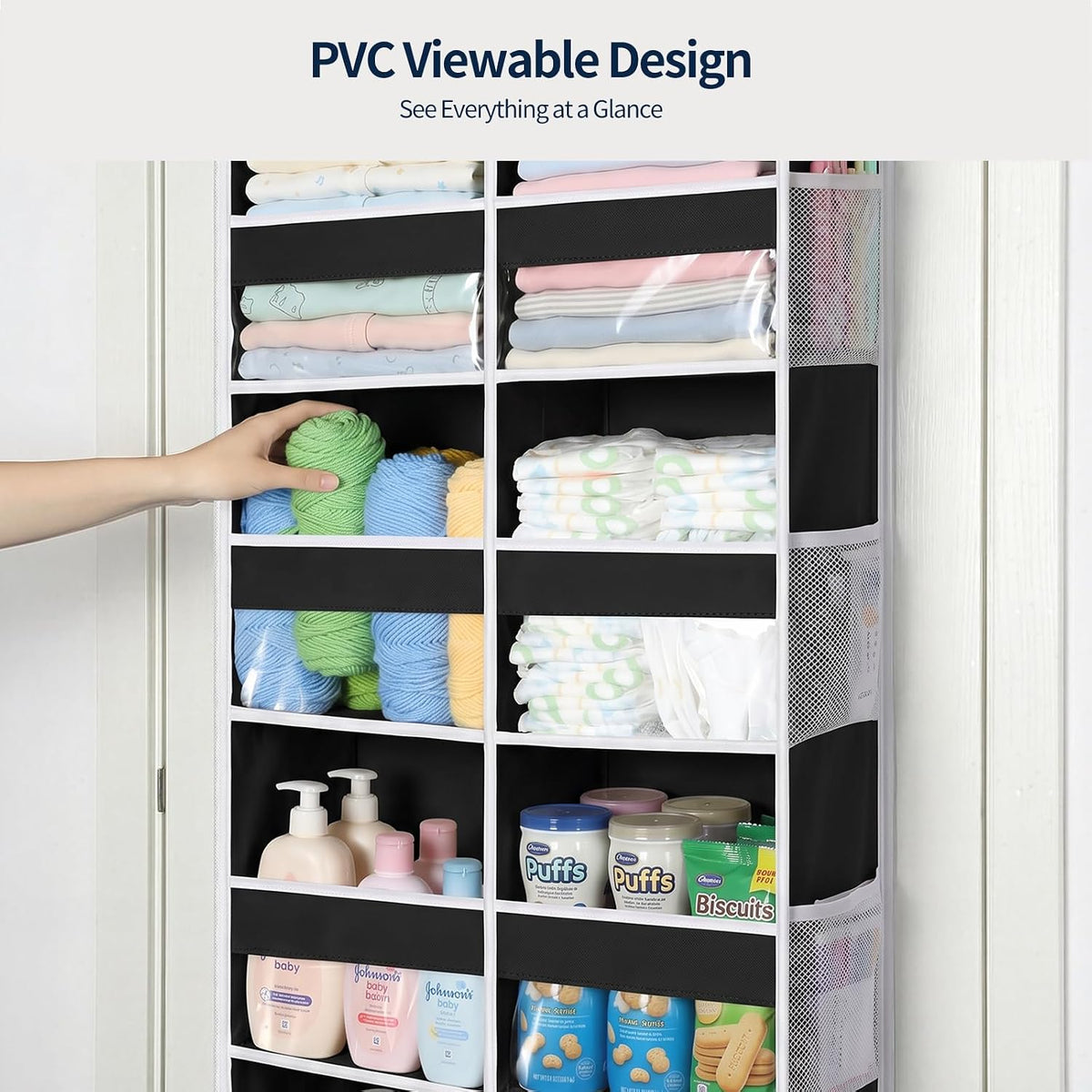 Over The Door Organizer, 6 Tier Extra Large Behind Door Storage of 12 Compartments, 80lbs Heavy Duty Door Organizer Hanging with Clear Window for Closet Bedroom Pantry Bathroom, Grey