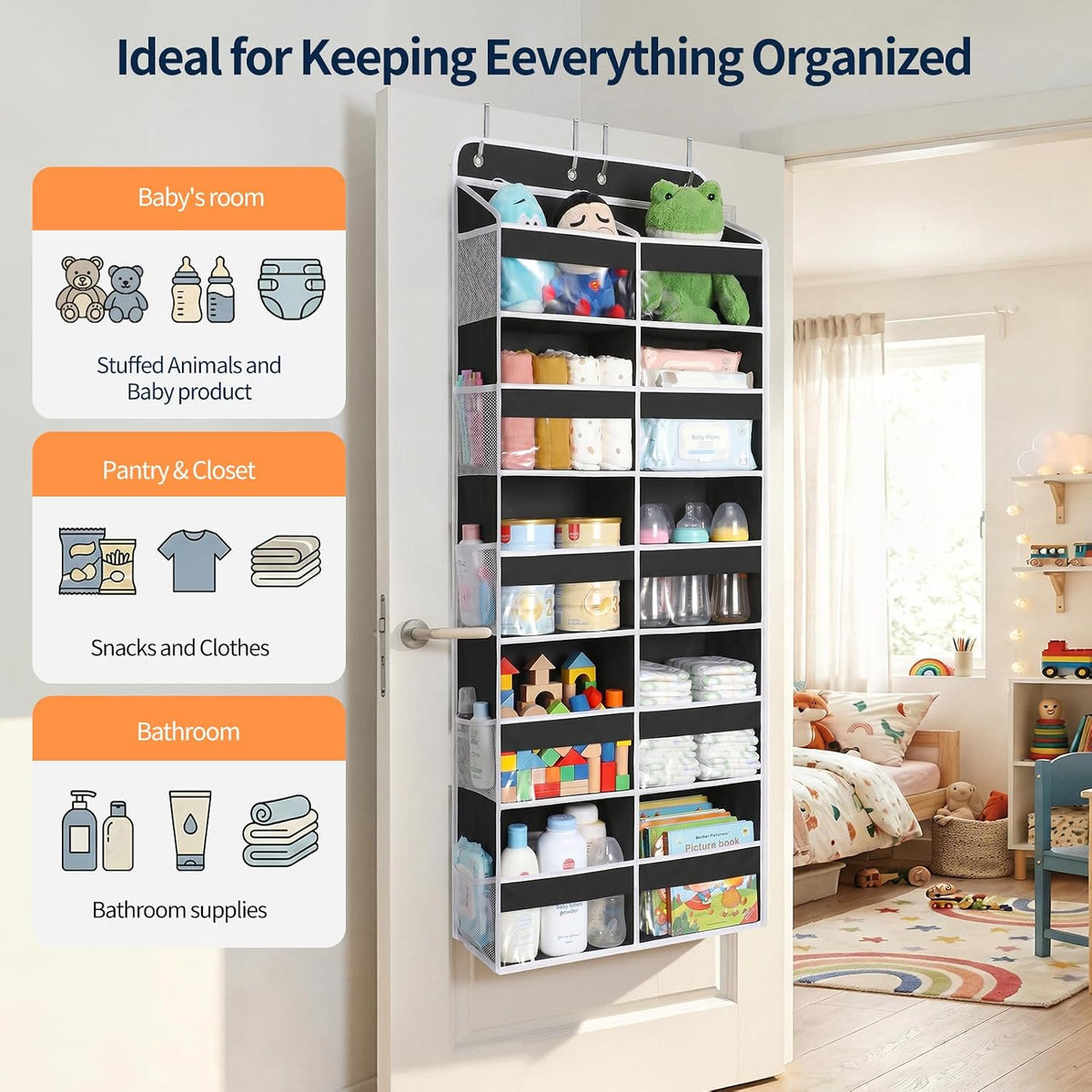Over The Door Organizer, 6 Tier Extra Large Behind Door Storage of 12 Compartments, 80lbs Heavy Duty Door Organizer Hanging with Clear Window for Closet Bedroom Pantry Bathroom, Grey