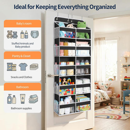 Over The Door Organizer, 6 Tier Extra Large Behind Door Storage of 12 Compartments, 80lbs Heavy Duty Door Organizer Hanging with Clear Window for Closet Bedroom Pantry Bathroom, Grey