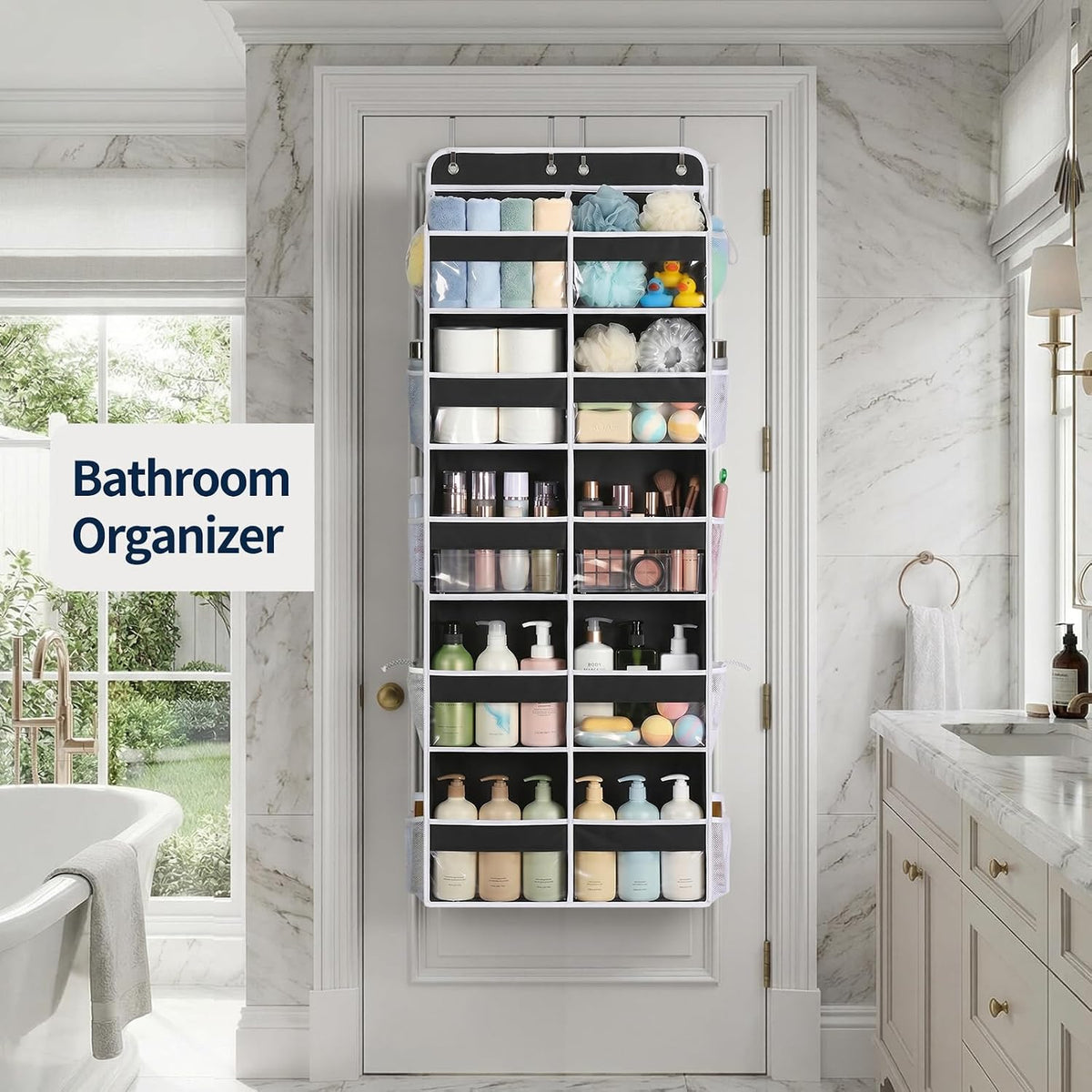 Over The Door Organizer, 6 Tier Extra Large Behind Door Storage of 12 Compartments, 80lbs Heavy Duty Door Organizer Hanging with Clear Window for Closet Bedroom Pantry Bathroom, Grey