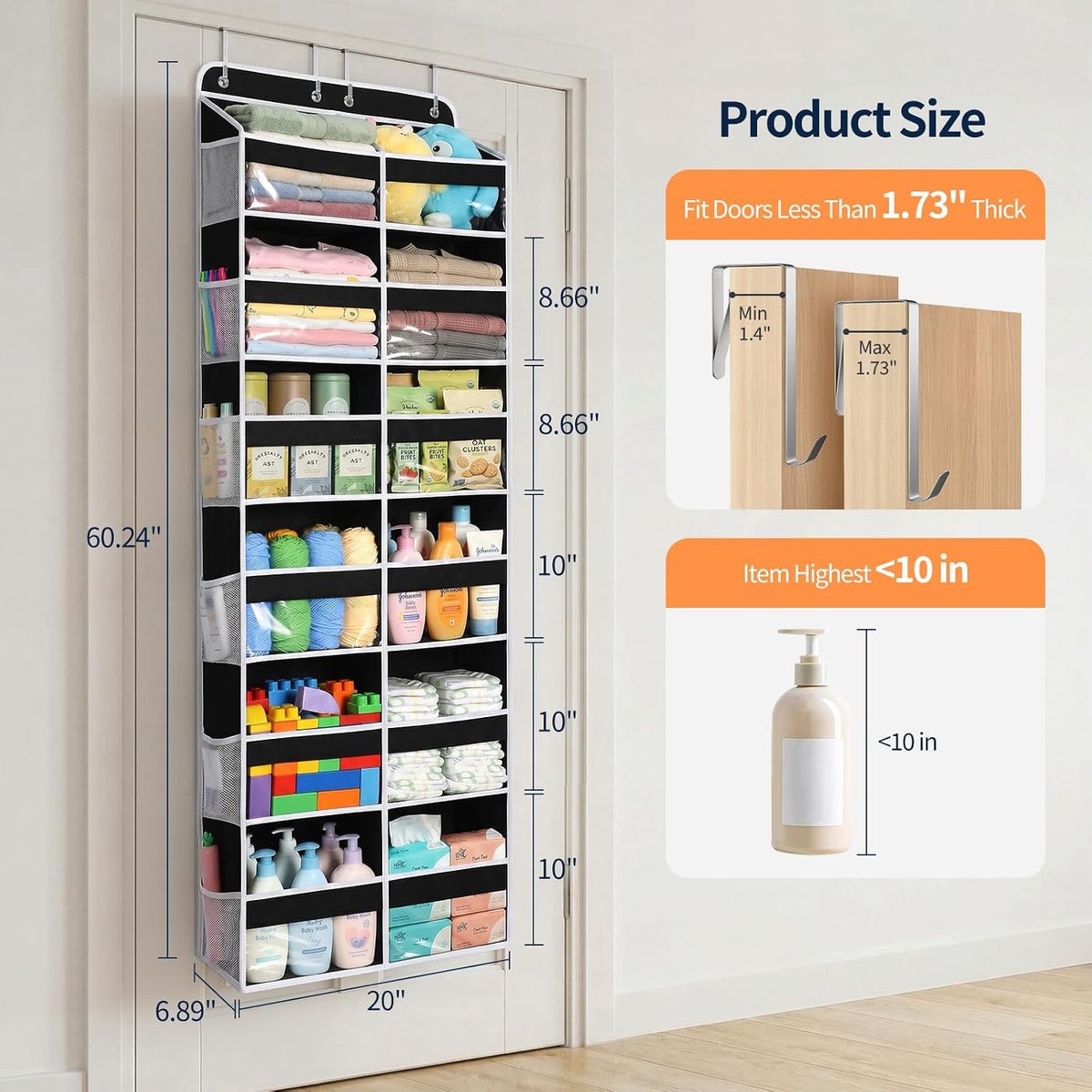 Over The Door Organizer, 6 Tier Extra Large Behind Door Storage of 12 Compartments, 80lbs Heavy Duty Door Organizer Hanging with Clear Window for Closet Bedroom Pantry Bathroom, Grey