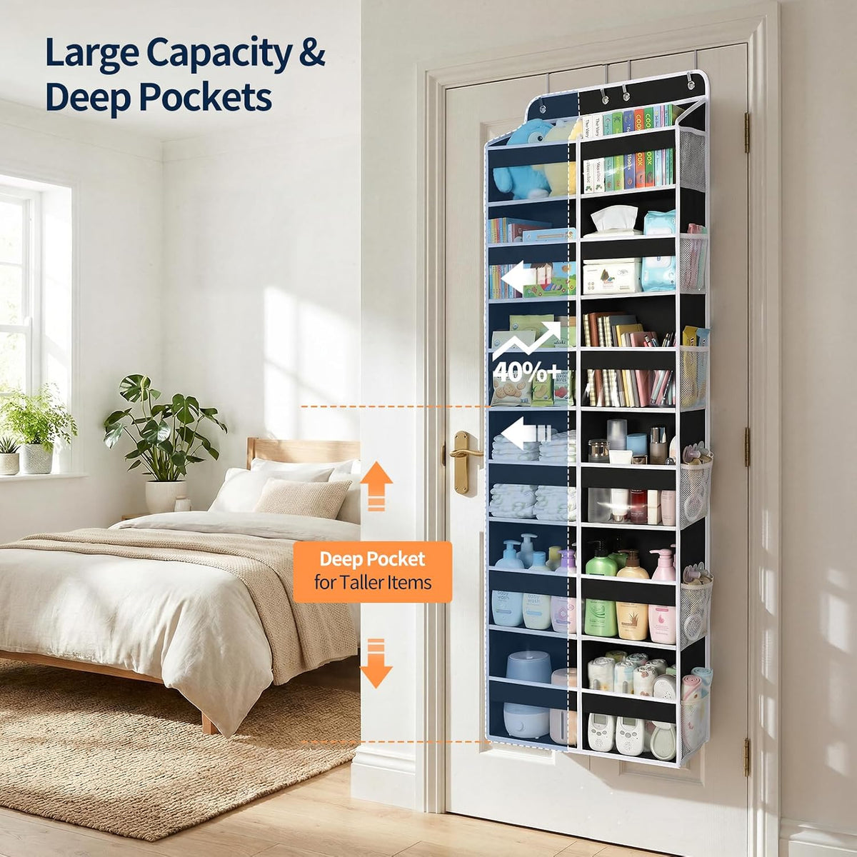 Over The Door Organizer, 6 Tier Extra Large Behind Door Storage of 12 Compartments, 80lbs Heavy Duty Door Organizer Hanging with Clear Window for Closet Bedroom Pantry Bathroom, Grey