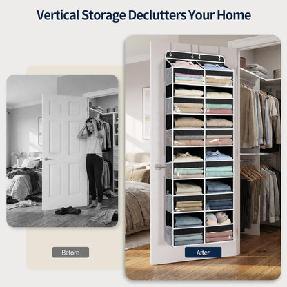 Over The Door Organizer, 6 Tier Extra Large Behind Door Storage of 12 Compartments, 80lbs Heavy Duty Door Organizer Hanging with Clear Window for Closet Bedroom Pantry Bathroom, Grey