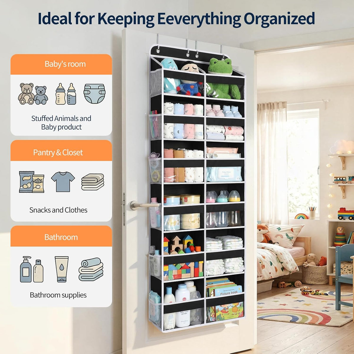 Over The Door Organizer, 6 Tier Extra Large Behind Door Storage of 12 Compartments, 80lbs Heavy Duty Door Organizer Hanging with Clear Window for Closet Bedroom Pantry Bathroom, Grey
