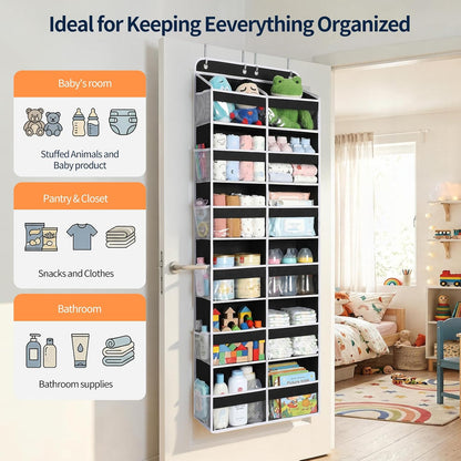 Over The Door Organizer, 6 Tier Extra Large Behind Door Storage of 12 Compartments, 80lbs Heavy Duty Door Organizer Hanging with Clear Window for Closet Bedroom Pantry Bathroom, Grey