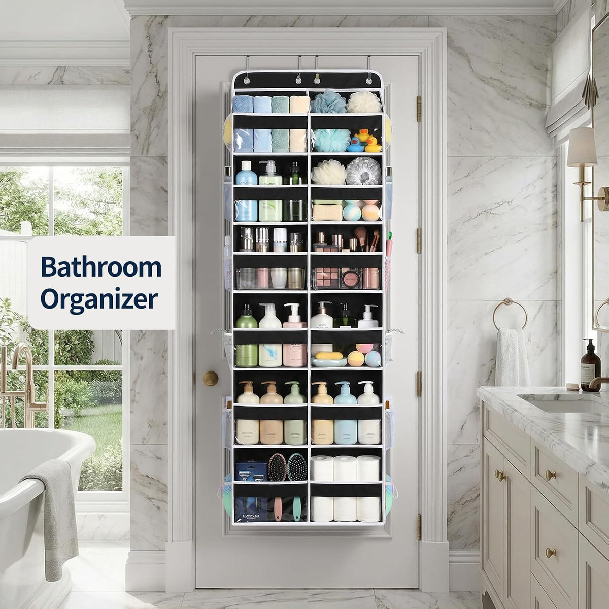 Over The Door Organizer, 6 Tier Extra Large Behind Door Storage of 12 Compartments, 80lbs Heavy Duty Door Organizer Hanging with Clear Window for Closet Bedroom Pantry Bathroom, Grey