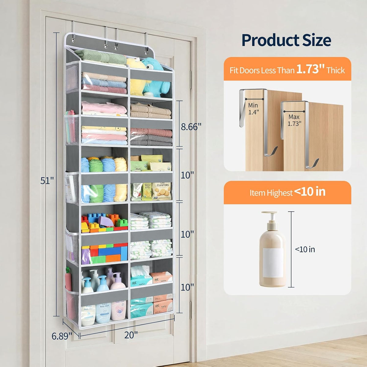 Over The Door Organizer, 6 Tier Extra Large Behind Door Storage of 12 Compartments, 80lbs Heavy Duty Door Organizer Hanging with Clear Window for Closet Bedroom Pantry Bathroom, Grey