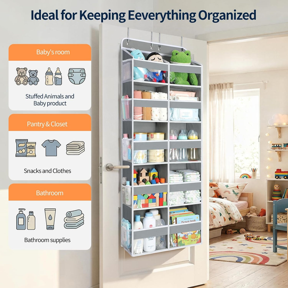 Over The Door Organizer, 6 Tier Extra Large Behind Door Storage of 12 Compartments, 80lbs Heavy Duty Door Organizer Hanging with Clear Window for Closet Bedroom Pantry Bathroom, Grey