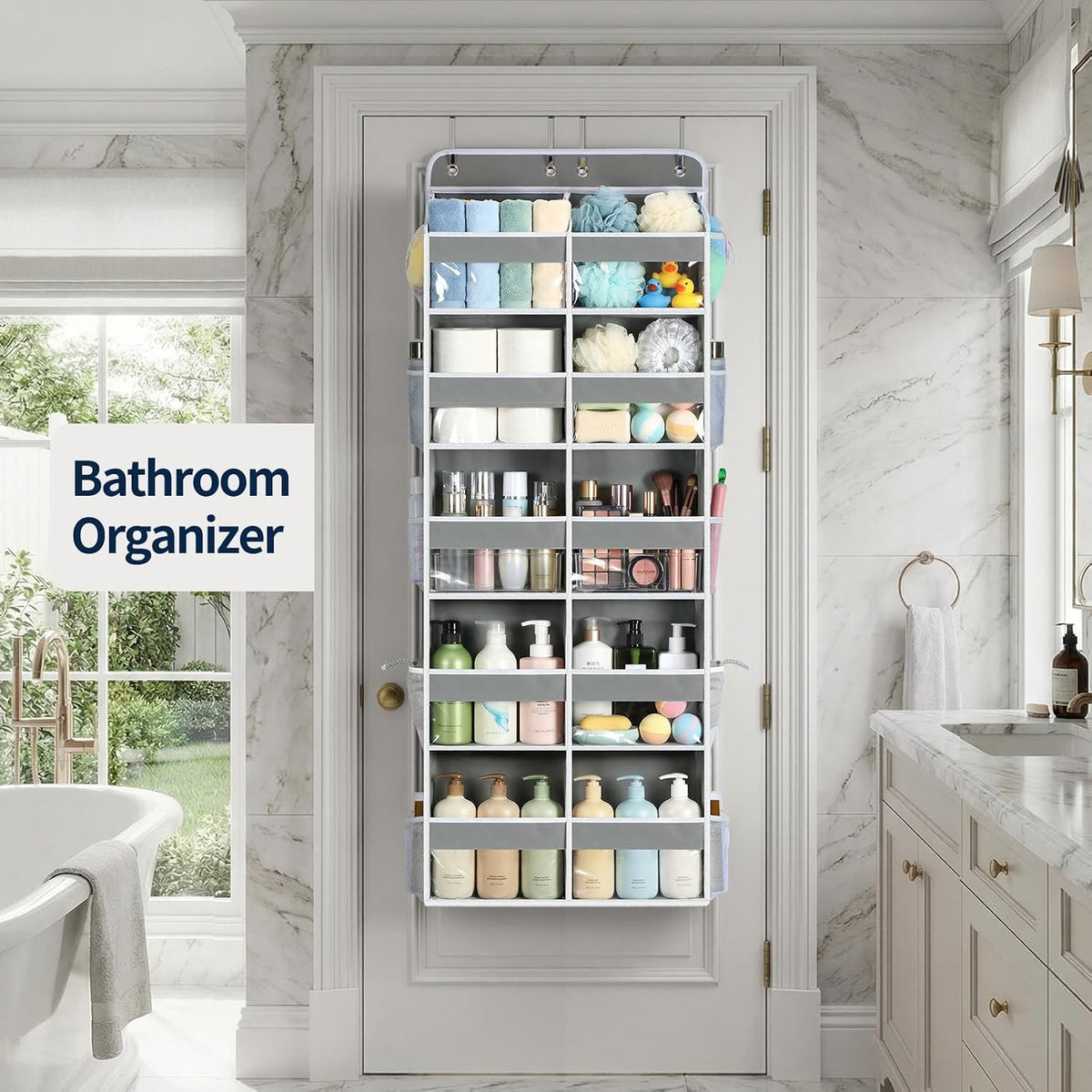 Over The Door Organizer, 6 Tier Extra Large Behind Door Storage of 12 Compartments, 80lbs Heavy Duty Door Organizer Hanging with Clear Window for Closet Bedroom Pantry Bathroom, Grey