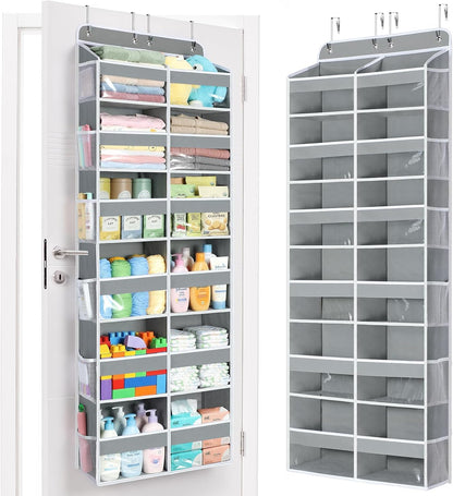 Over The Door Organizer, 6 Tier Extra Large Behind Door Storage of 12 Compartments, 80lbs Heavy Duty Door Organizer Hanging with Clear Window for Closet Bedroom Pantry Bathroom, Grey
