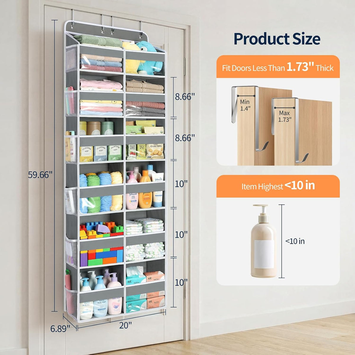Over The Door Organizer, 6 Tier Extra Large Behind Door Storage of 12 Compartments, 80lbs Heavy Duty Door Organizer Hanging with Clear Window for Closet Bedroom Pantry Bathroom, Grey