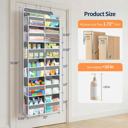 Over The Door Organizer, 6 Tier Extra Large Behind Door Storage of 12 Compartments, 80lbs Heavy Duty Door Organizer Hanging with Clear Window for Closet Bedroom Pantry Bathroom, Grey