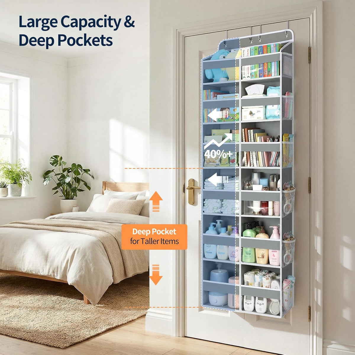 Over The Door Organizer, 6 Tier Extra Large Behind Door Storage of 12 Compartments, 80lbs Heavy Duty Door Organizer Hanging with Clear Window for Closet Bedroom Pantry Bathroom, Grey