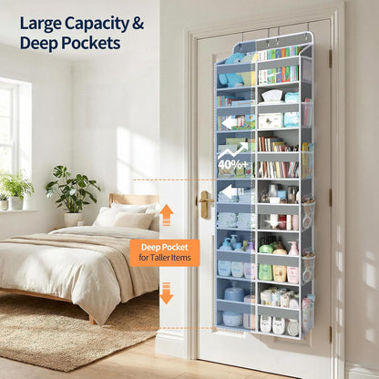 Over The Door Organizer, 6 Tier Extra Large Behind Door Storage of 12 Compartments, 80lbs Heavy Duty Door Organizer Hanging with Clear Window for Closet Bedroom Pantry Bathroom, Grey