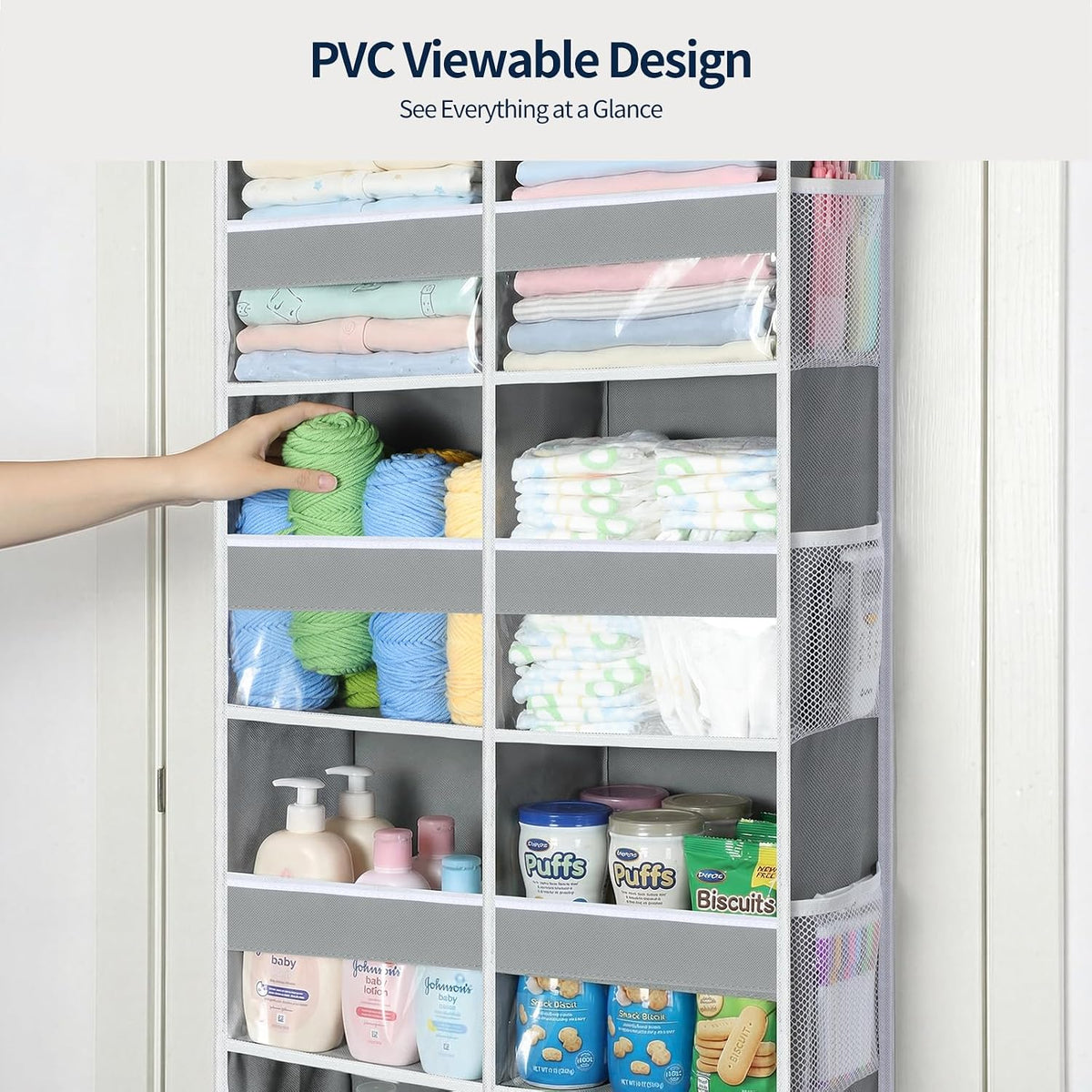 Over The Door Organizer, 6 Tier Extra Large Behind Door Storage of 12 Compartments, 80lbs Heavy Duty Door Organizer Hanging with Clear Window for Closet Bedroom Pantry Bathroom, Grey
