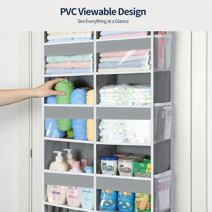 Over The Door Organizer, 6 Tier Extra Large Behind Door Storage of 12 Compartments, 80lbs Heavy Duty Door Organizer Hanging with Clear Window for Closet Bedroom Pantry Bathroom, Grey