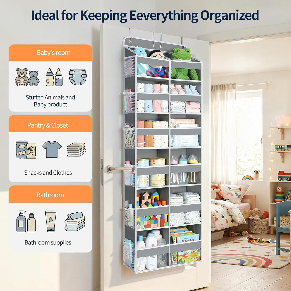 Over The Door Organizer, 6 Tier Extra Large Behind Door Storage of 12 Compartments, 80lbs Heavy Duty Door Organizer Hanging with Clear Window for Closet Bedroom Pantry Bathroom, Grey