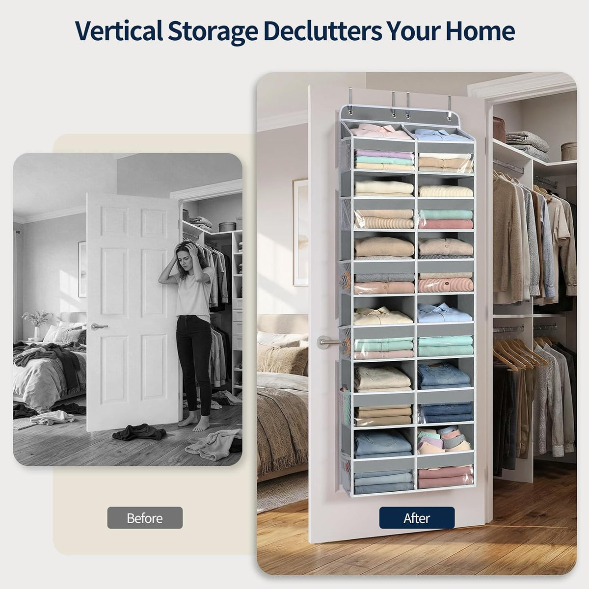Over The Door Organizer, 6 Tier Extra Large Behind Door Storage of 12 Compartments, 80lbs Heavy Duty Door Organizer Hanging with Clear Window for Closet Bedroom Pantry Bathroom, Grey