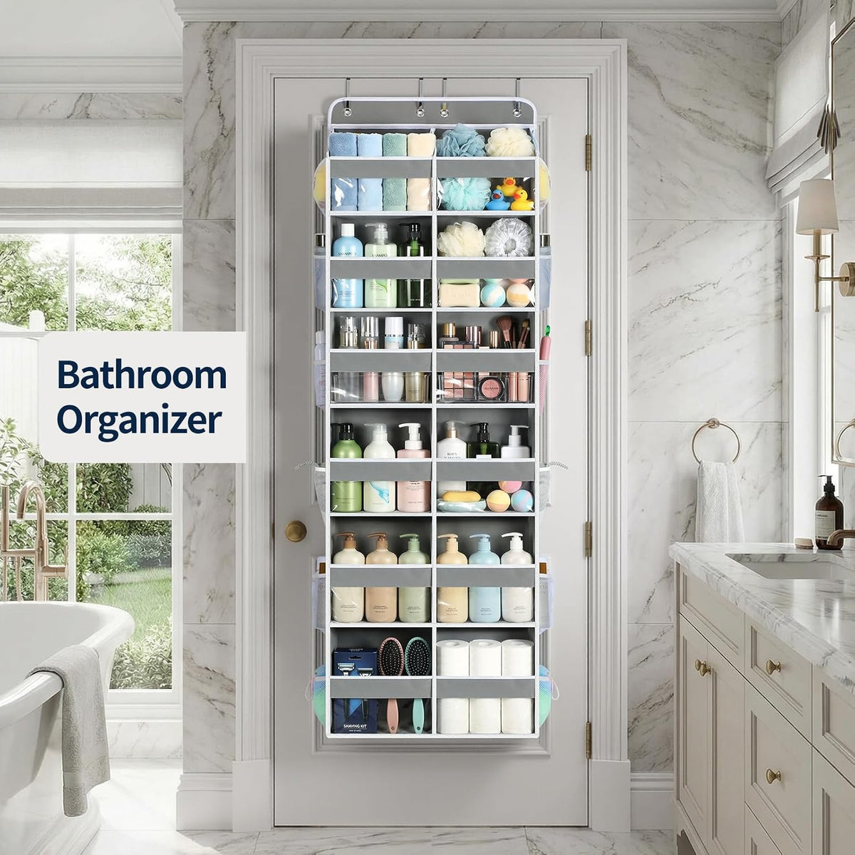 Over The Door Organizer, 6 Tier Extra Large Behind Door Storage of 12 Compartments, 80lbs Heavy Duty Door Organizer Hanging with Clear Window for Closet Bedroom Pantry Bathroom, Grey