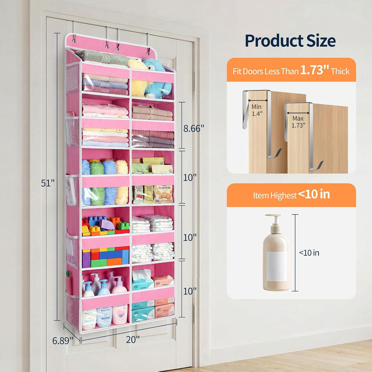 Over The Door Organizer, 6 Tier Extra Large Behind Door Storage of 12 Compartments, 80lbs Heavy Duty Door Organizer Hanging with Clear Window for Closet Bedroom Pantry Bathroom, Grey