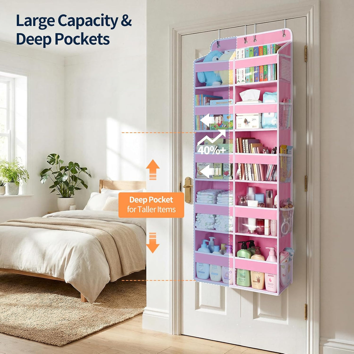 Over The Door Organizer, 6 Tier Extra Large Behind Door Storage of 12 Compartments, 80lbs Heavy Duty Door Organizer Hanging with Clear Window for Closet Bedroom Pantry Bathroom, Grey