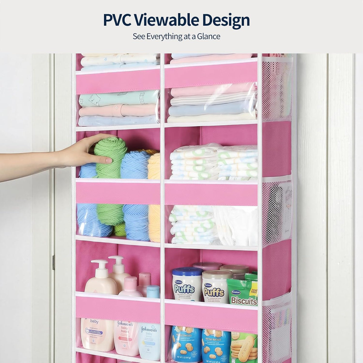 Over The Door Organizer, 6 Tier Extra Large Behind Door Storage of 12 Compartments, 80lbs Heavy Duty Door Organizer Hanging with Clear Window for Closet Bedroom Pantry Bathroom, Grey