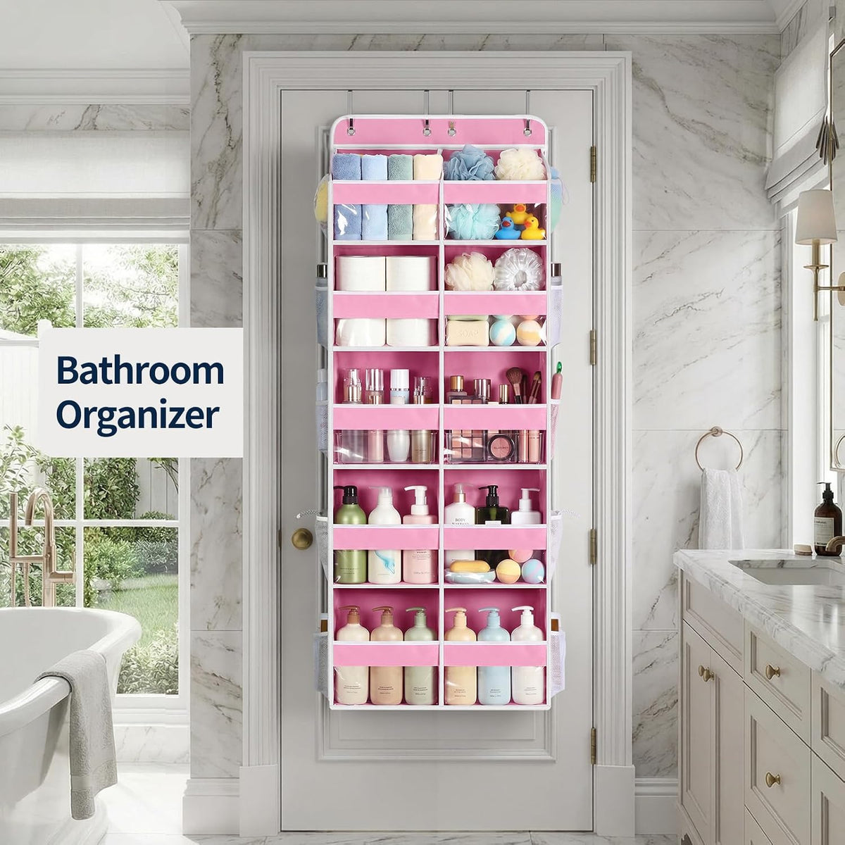Over The Door Organizer, 6 Tier Extra Large Behind Door Storage of 12 Compartments, 80lbs Heavy Duty Door Organizer Hanging with Clear Window for Closet Bedroom Pantry Bathroom, Grey