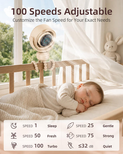 Portable Baby Stroller Fan, 120° Auto Swing, LED Display- Beige