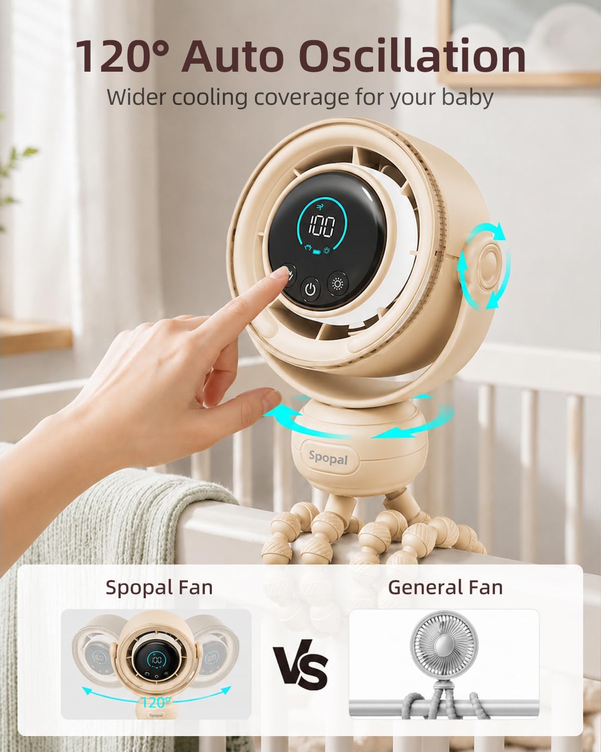 Portable Baby Stroller Fan, 120° Auto Swing, LED Display- Beige