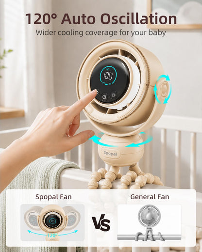 Portable Baby Stroller Fan, 120° Auto Swing, LED Display- Beige