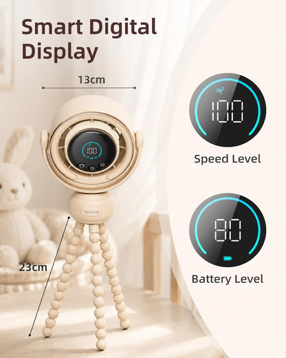 Portable Baby Stroller Fan, 120° Auto Swing, LED Display- Beige