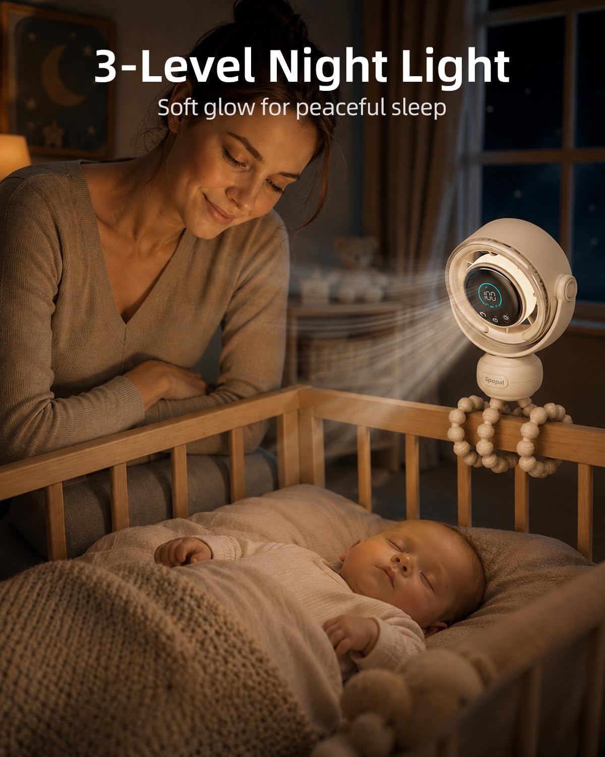 Portable Baby Stroller Fan, 120° Auto Swing, LED Display- Beige