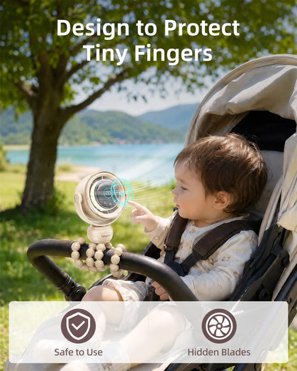 Portable Baby Stroller Fan, 120° Auto Swing, LED Display- Beige