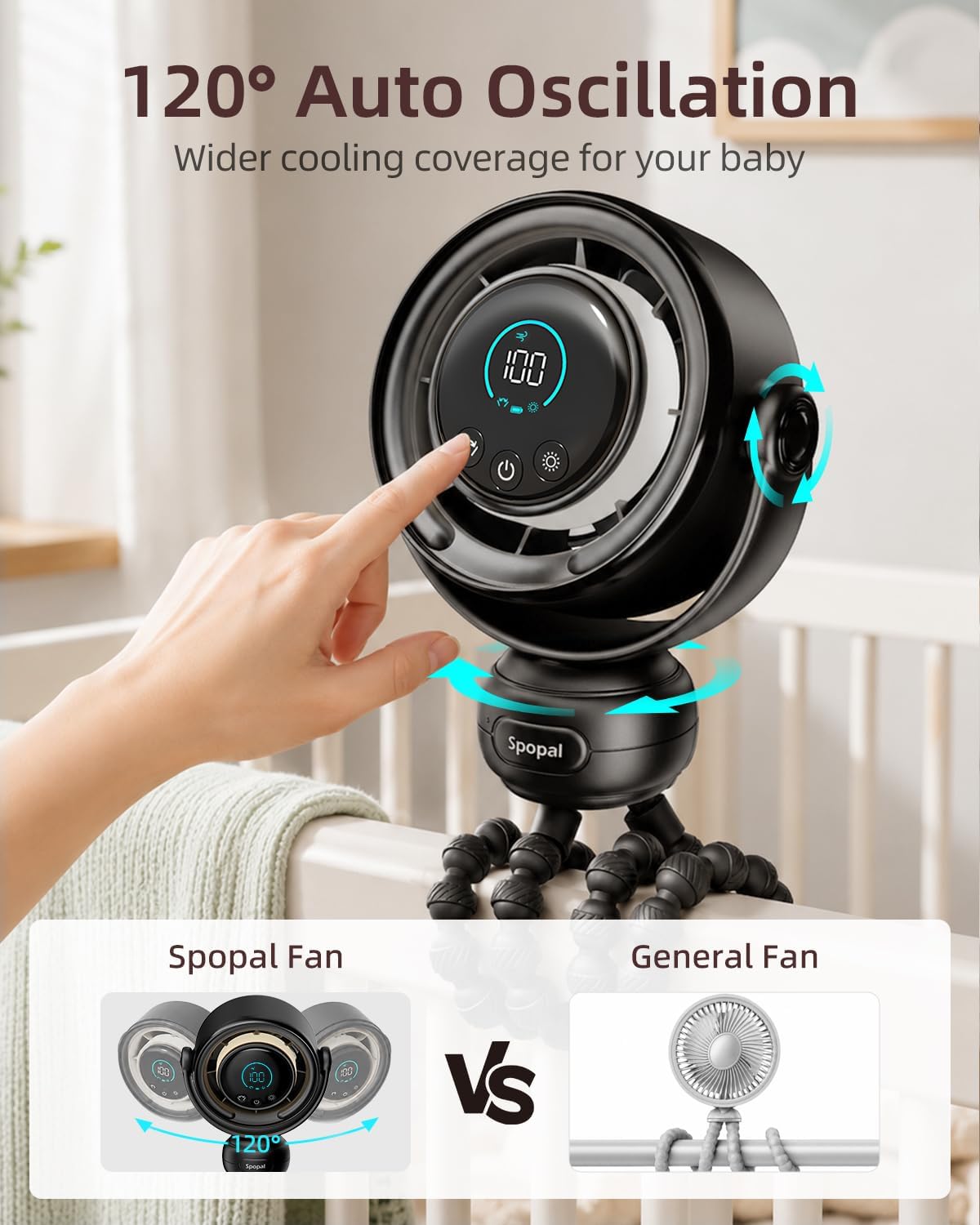 Portable Baby Stroller Fan, 120° Auto Swing, LED Display- Beige