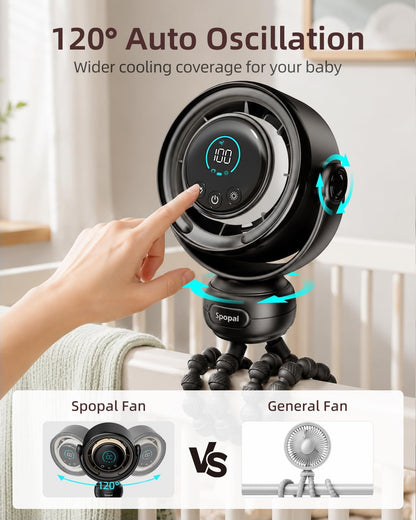 Portable Baby Stroller Fan, 120° Auto Swing, LED Display- Beige