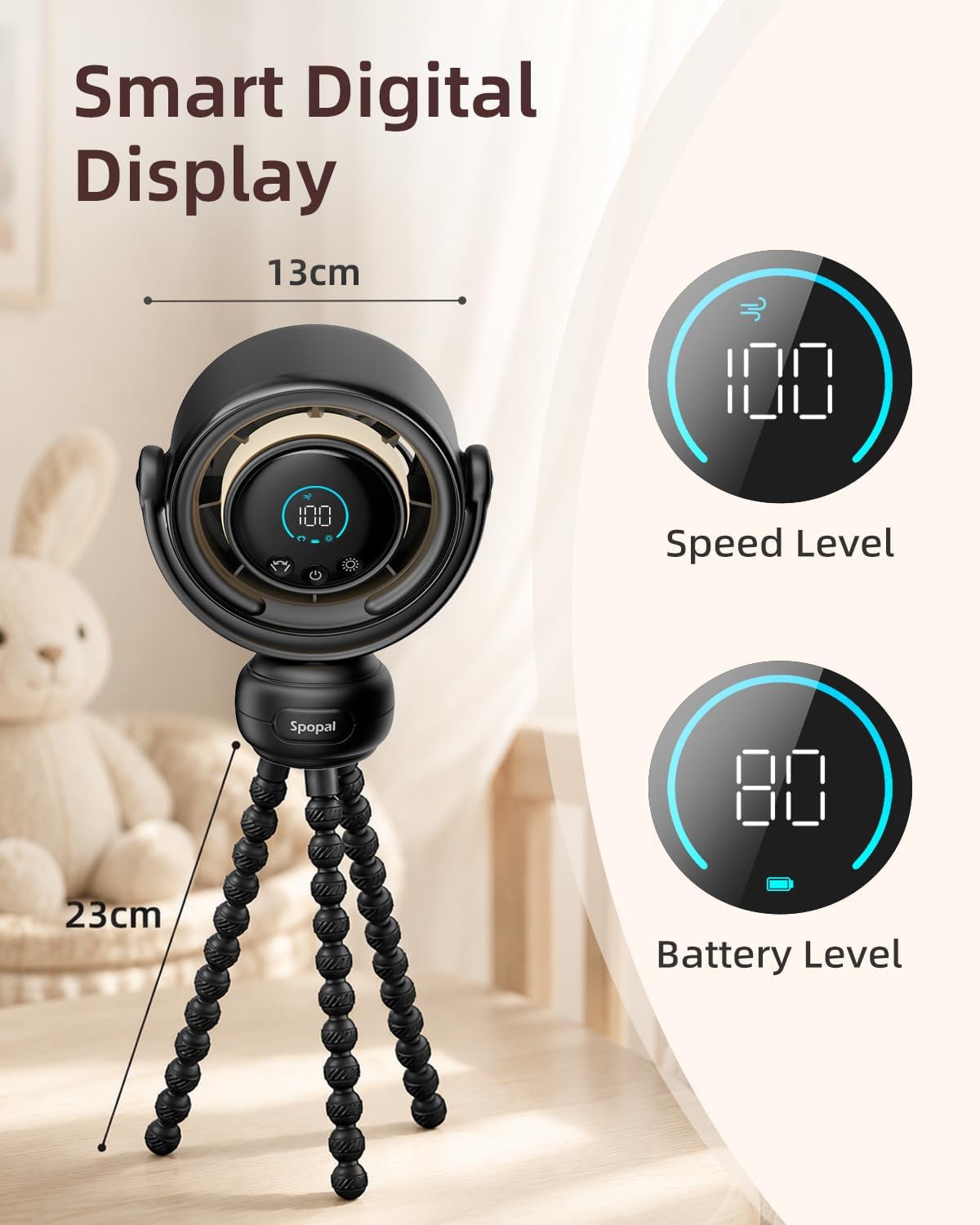 Portable Baby Stroller Fan, 120° Auto Swing, LED Display- Beige