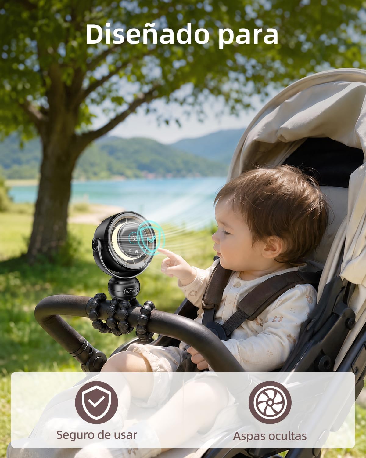 Portable Baby Stroller Fan, 120° Auto Swing, LED Display- Beige