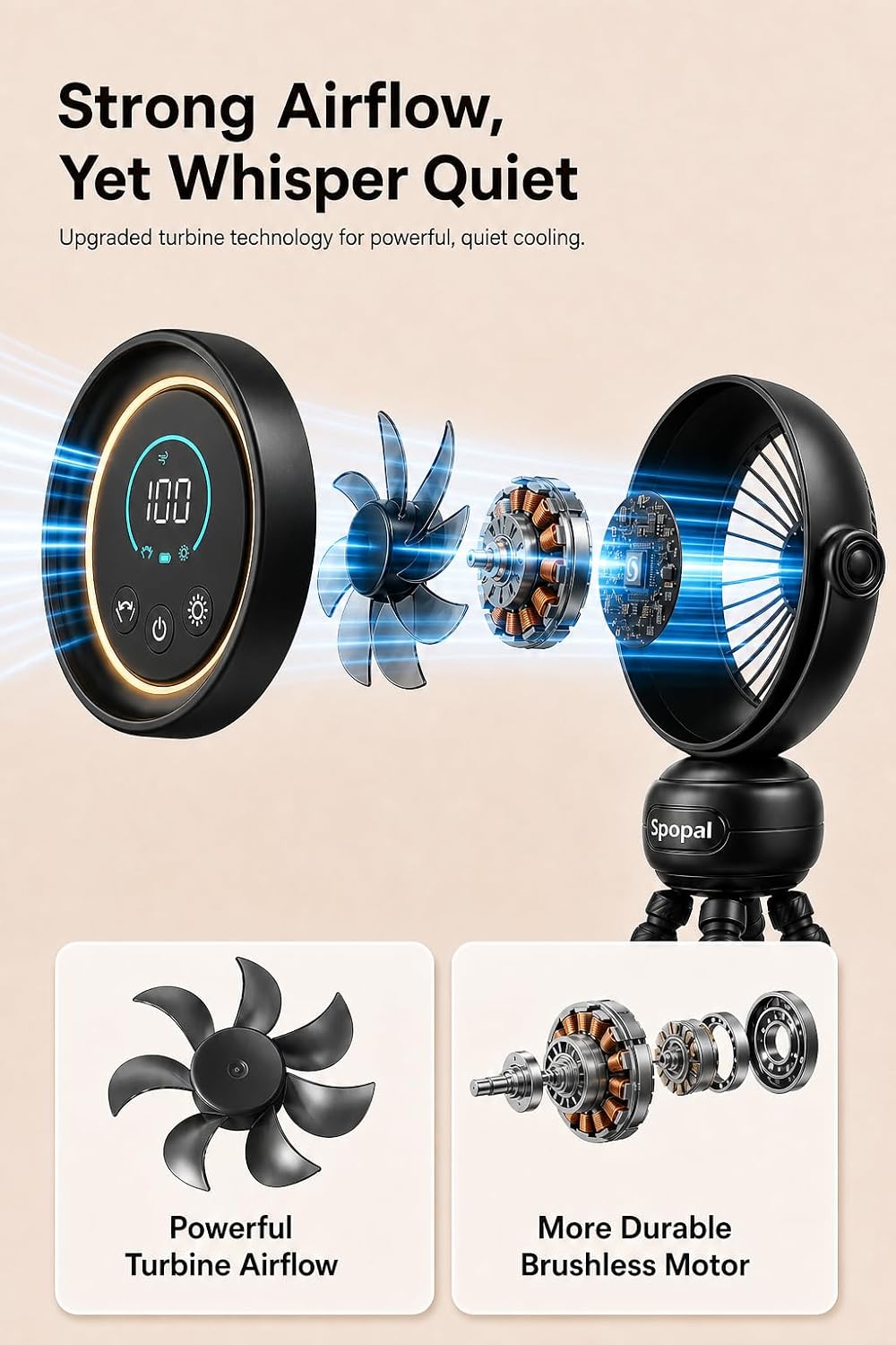 Portable Baby Stroller Fan, 120° Auto Swing, LED Display- Beige