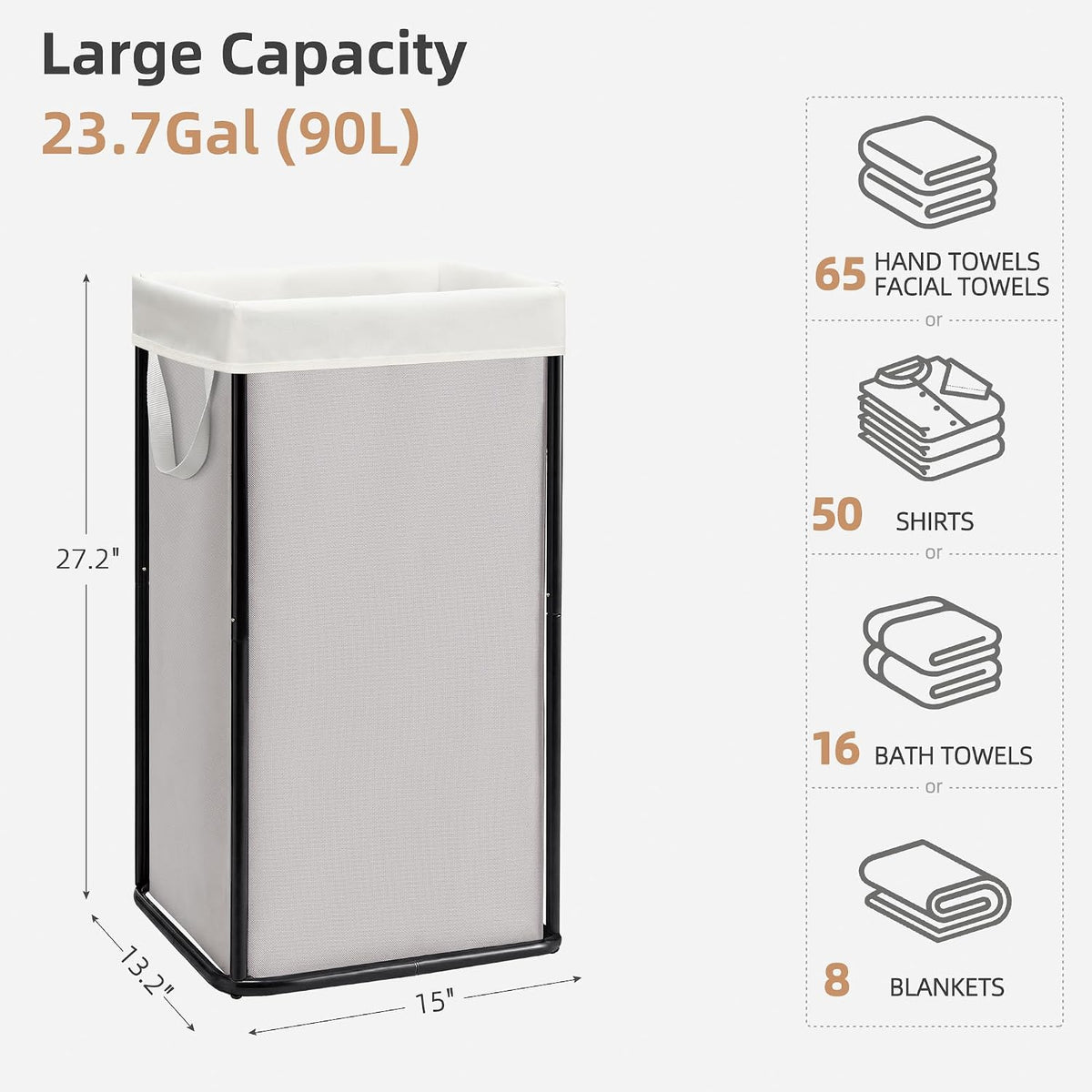 Large Laundry Hamper, 23.7 Gal. Metal Laundry Basket with Removable Bag for Easy Carry, Strong Dirty Clothes Hamper for Bedroom, Bathroom, Dorm, College, 90L Grey