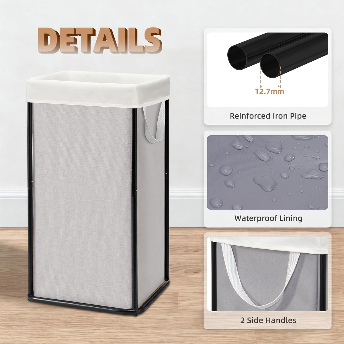 Large Laundry Hamper, 23.7 Gal. Metal Laundry Basket with Removable Bag for Easy Carry, Strong Dirty Clothes Hamper for Bedroom, Bathroom, Dorm, College, 90L Grey